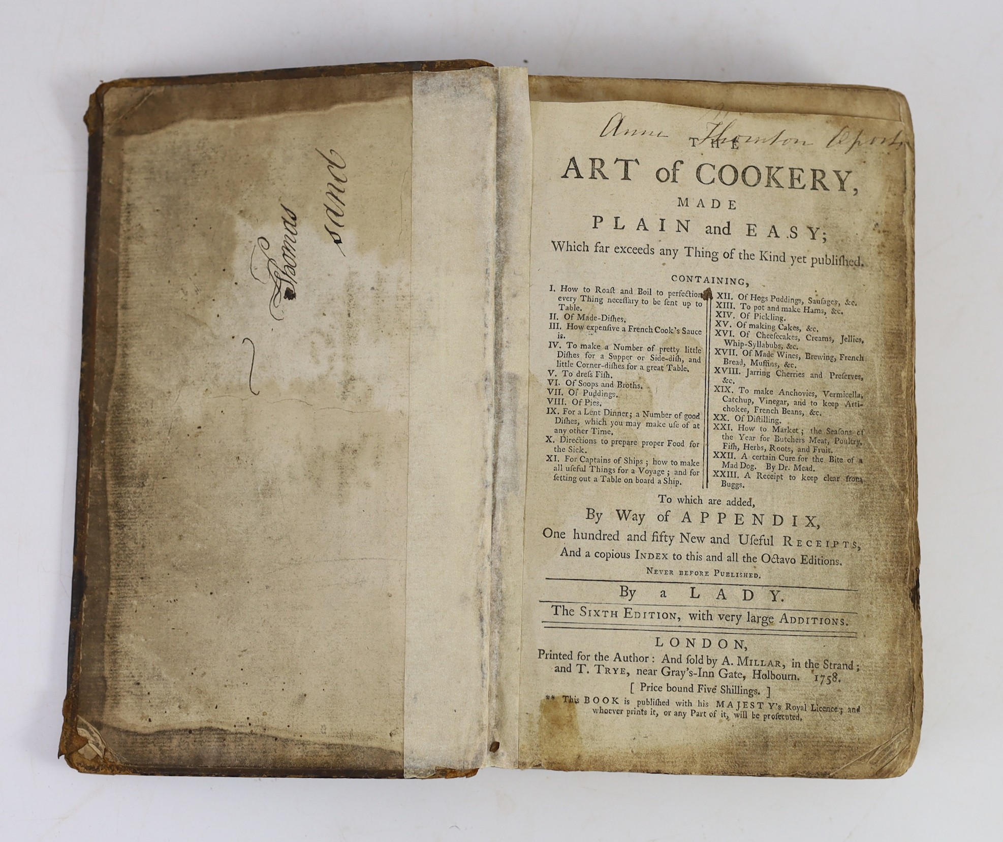 Glasse, Hannah - The Art of Cookery , Made Plain and Easy, 6th edition, 8vo, original calf, London, 1758